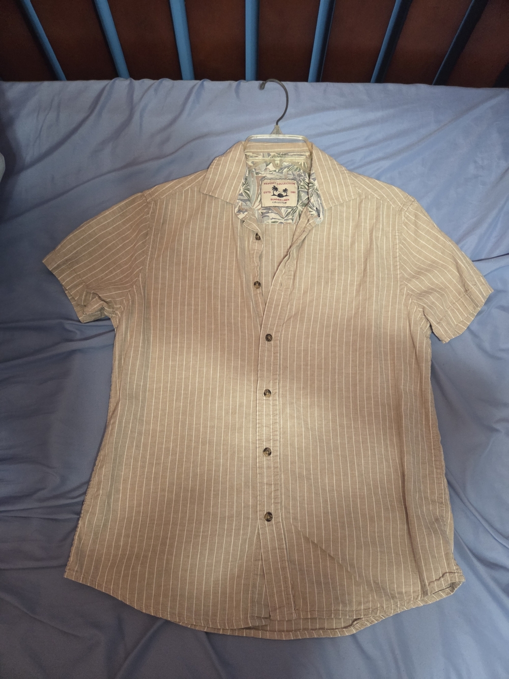 Report Collection Beige Pinstripe Short Sleeve Button-Down Shirt Size Small
